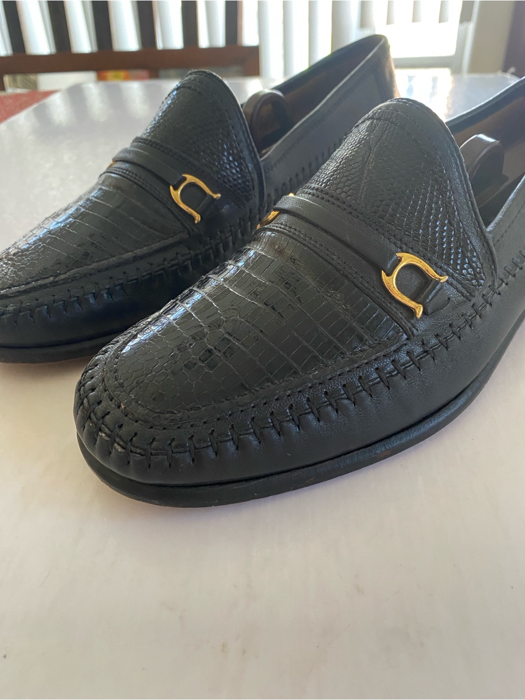 David Eden Black Fine Lizard Embossed Handmade Horsebit Loafers Size 7 Men’s